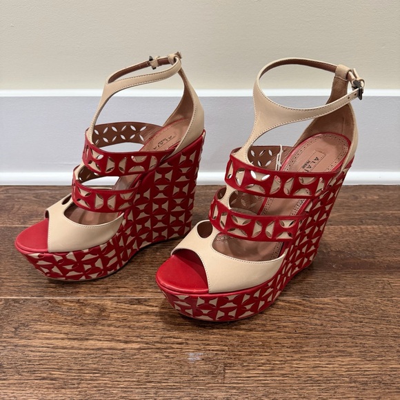 Alaia Beige and Red Cutout Platform Sandals - Picture 2 of 7